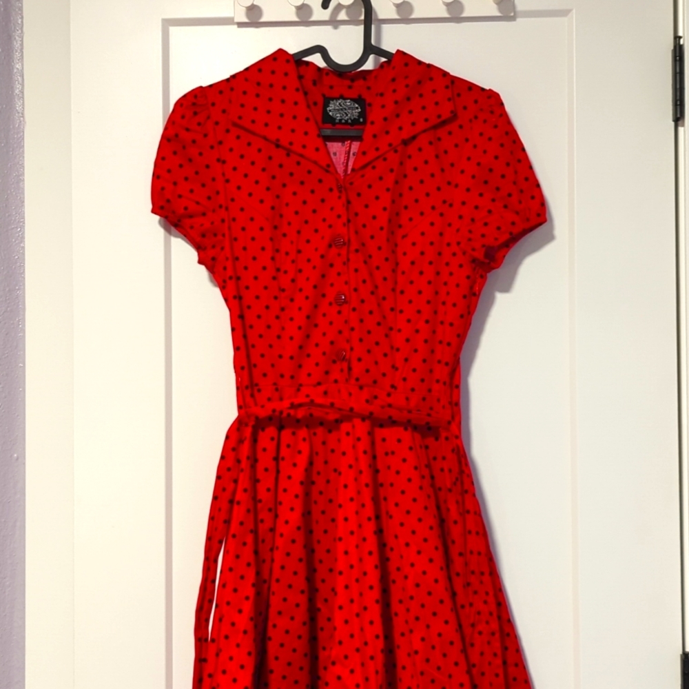 Red Black Polka Dot Collared Dress Sz 8 / Small